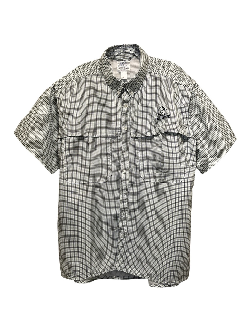 Ducks Unlimited Fishing Shirt Sz XL Green Gingham Short Sleeve Ventilated Mesh
